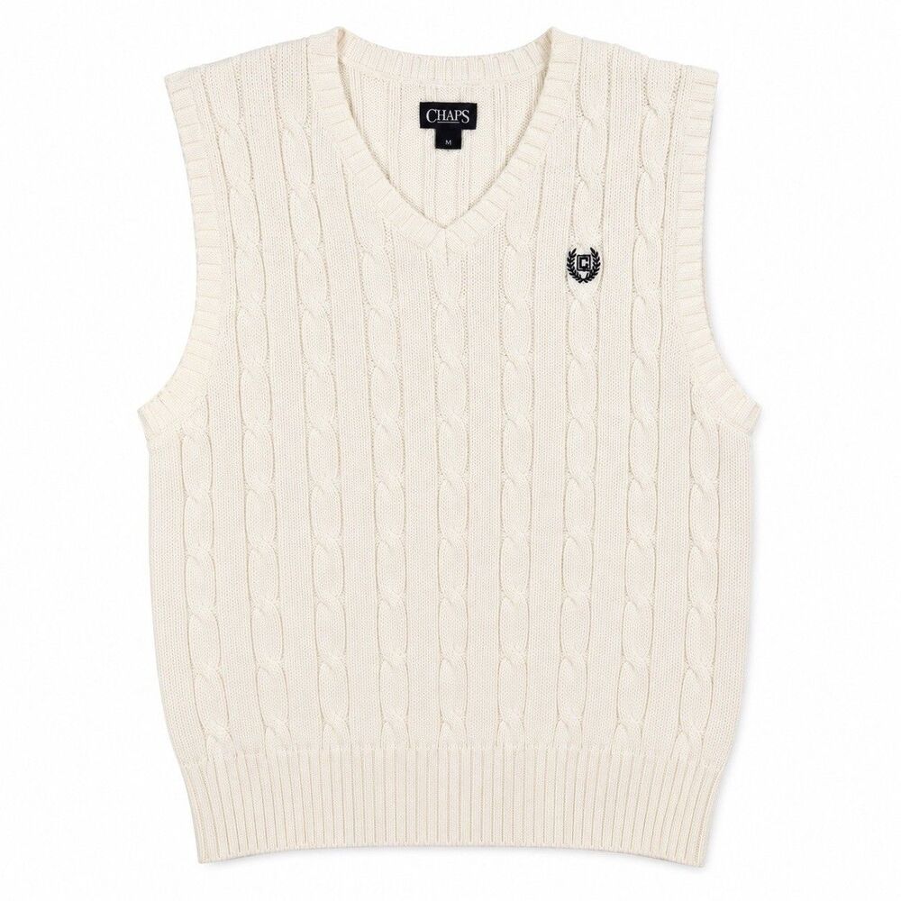 Chaps Sweater Vest Men Large Ivory Cable Knit V Neck Crest Logo Preppy Golf